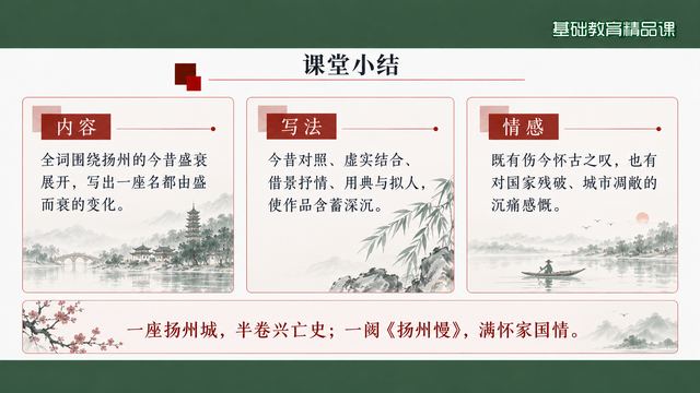 第 18 页 课堂小结：内容、写法、情感三栏